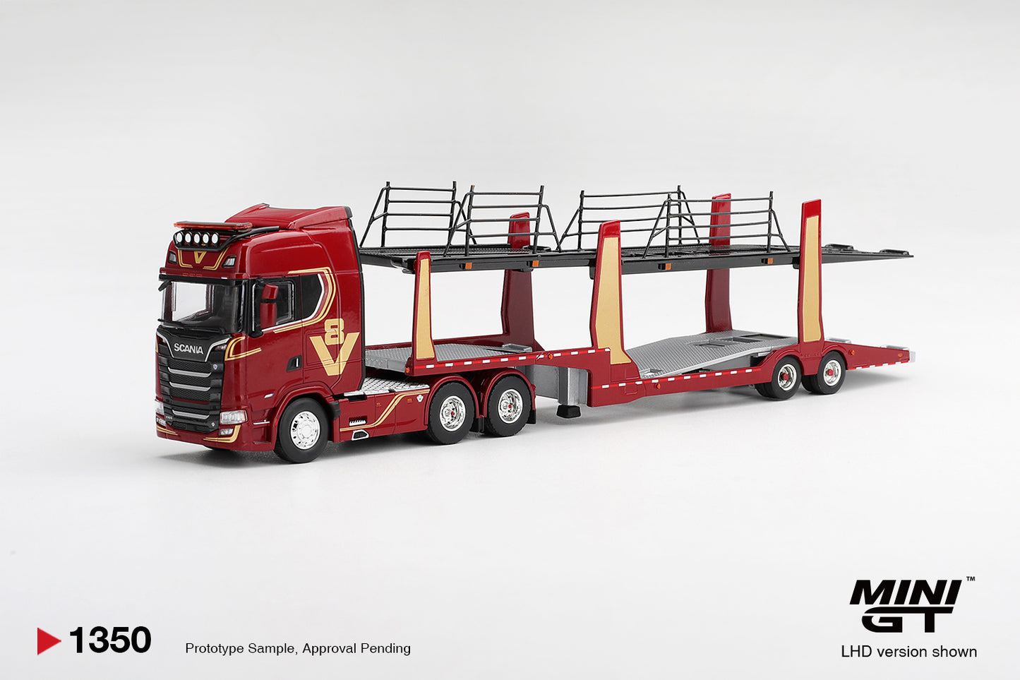 MINI GT Scania 770S A6x4NA Car Transporter V8 50th anniversary + Car Transporter Red | 1350 - PRE ORDER