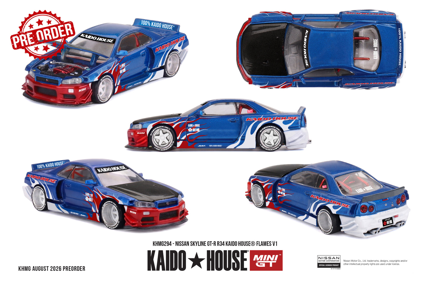 MINI GT Nissan Skyline GT-R (R34) Kaido Flames V1 1999 | KHMG294 Kaido House - PRE ORDER