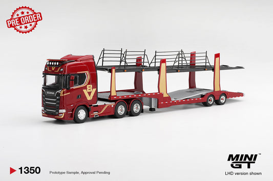 MINI GT Scania 770S A6x4NA Car Transporter V8 50th anniversary + Car Transporter Red | 1350 - PRE ORDER