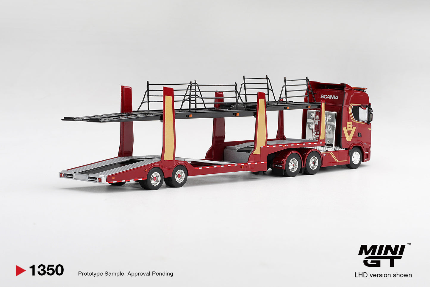 MINI GT Scania 770S A6x4NA Car Transporter V8 50th anniversary + Car Transporter Red | 1350 - PRE ORDER