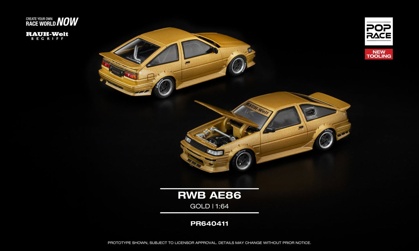 POP RACE Toyota Sprinter Trueno (AE86) RWB 1985 Gold | 1:64 - PRE ORDER
