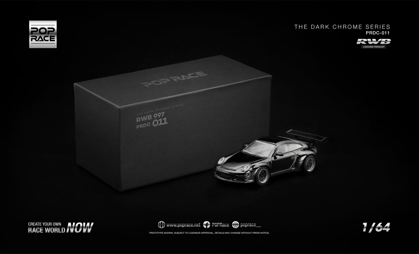 POP RACE Porsche 911 (997) RWB Coupe 2006 | Dark Chrome 1:64 - PRE ORDER