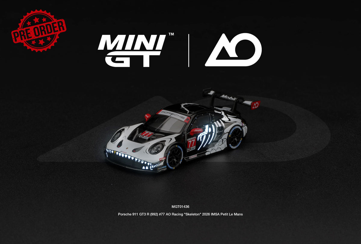 MINI GT Porsche 911 (992) GT3 R #77 AO Racing Skeleton Rexy Petit Le Mans 2026 | 1436 - PRE ORDER