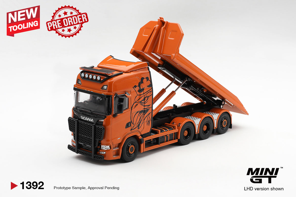 MINI GT Scania 770S B8x4NA Hooklift Flatbed Orange | 1392 - PRE ORDER
