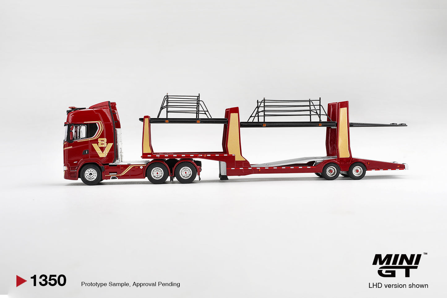 MINI GT Scania 770S A6x4NA Car Transporter V8 50th anniversary + Car Transporter Red | 1350 - PRE ORDER