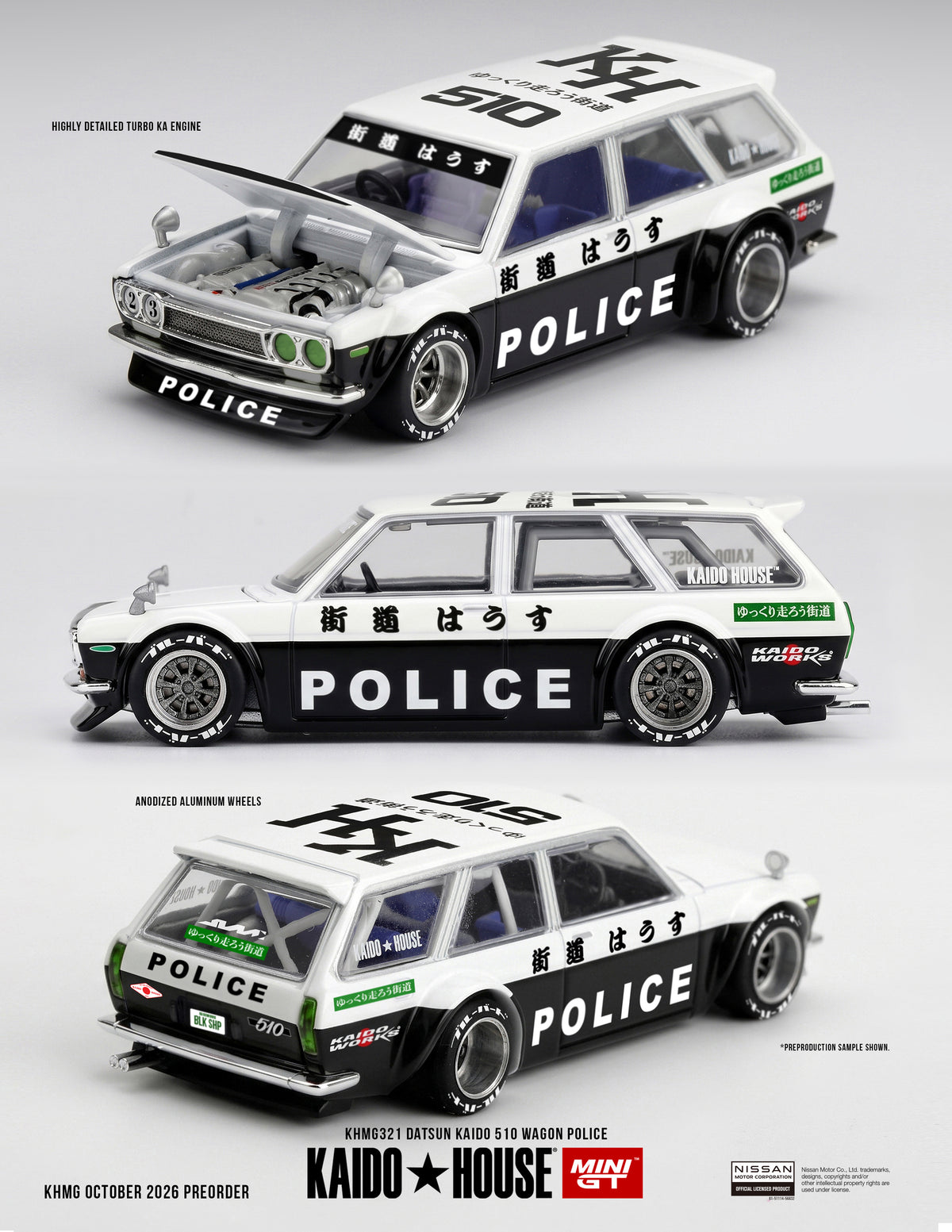 MINI GT Datsun KAIDO 510 Wagon Police | KHMG321 Kaido House - PRE ORDER