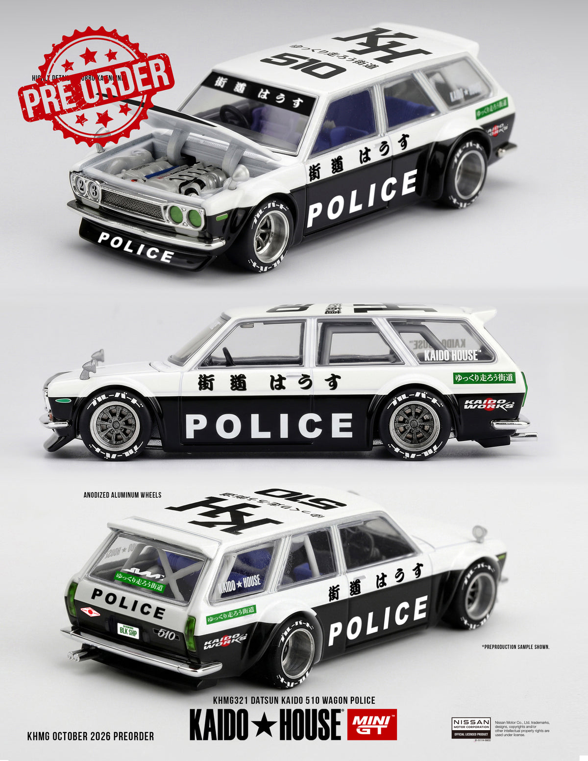 MINI GT Datsun KAIDO 510 Wagon Police | KHMG321 Kaido House - PRE ORDER