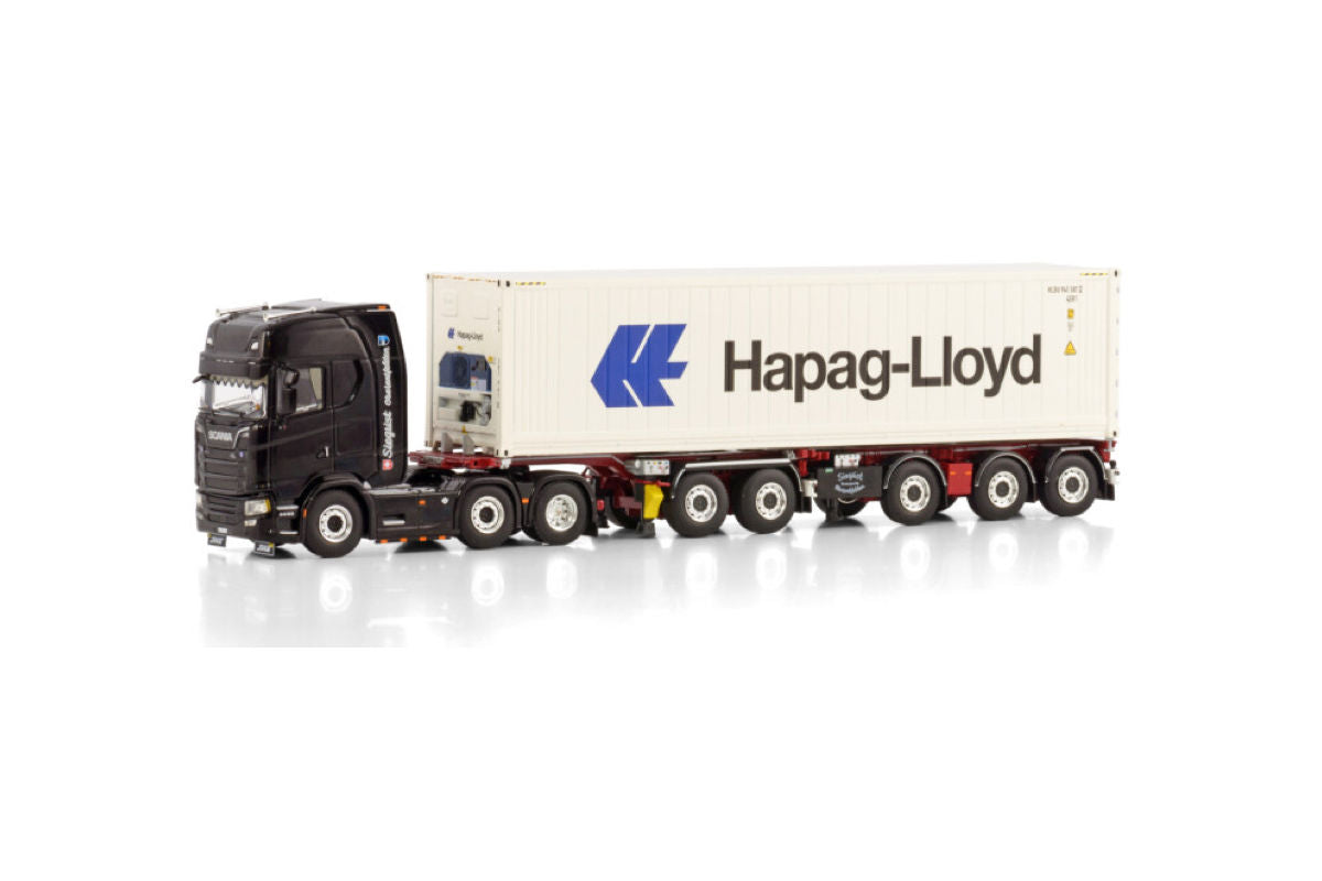 WSI MODELS Scania S Highline CS20H 6X2 Twin Steer 2 Trailer + 40ft Container | Siegrist 1:50